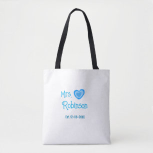 Trouwende mevrouw naam datum blauwe hart waterverf tote bag