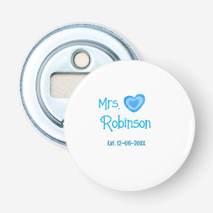 Trouwende mevrouw voeg naam datum toe blauw hart w button flesopener