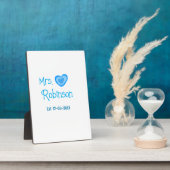 Trouwende mevrouw voeg naam datum toe blauw hart w fotoplaat (Zijkant)