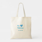 Trouwende mevrouw voeg naam datum toe blauw hart w tote bag (Achterkant)