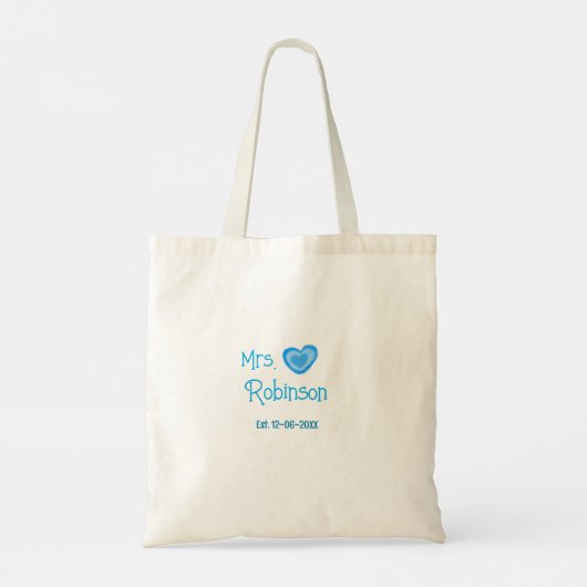 Trouwende mevrouw voeg naam datum toe blauw hart w tote bag (Achterkant)