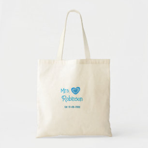 Trouwende mevrouw voeg naam datum toe blauw hart w tote bag