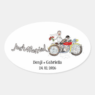 Trouwende motorrijders bruid en bruidegom ovale sticker