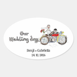Trouwende motorrijders bruid en bruidegom ovale sticker