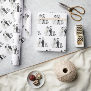 Trouwende stickfiguren met getuige hond cadeaupapier