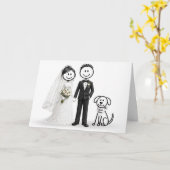 Trouwende stickfiguren met getuige hond kaart (Gele Bloem)