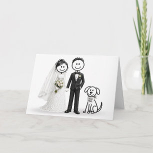 Trouwende stickfiguren met getuige hond kaart