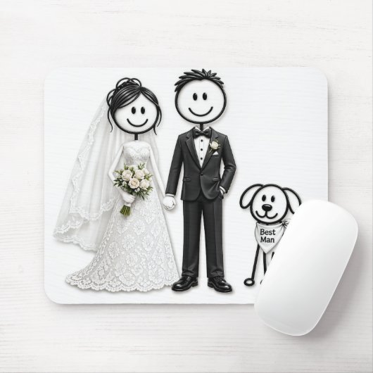 Trouwende stickfiguren met getuige hond muismat (Met muis)