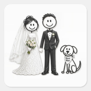 Trouwende stickfiguren met getuige hond vierkante sticker