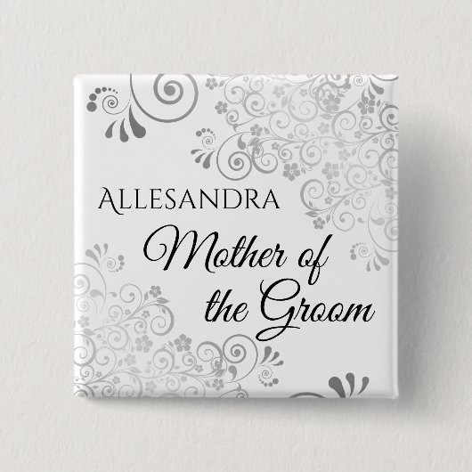 Trouwer moeder van de bruidegom naamlabel zilveren vierkante button 5,1 cm (Voorkant)