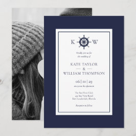 Trouwerfoto met scheepswiel in Navy Blue Monogram Kaart