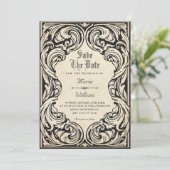 Trouwerij antiek ornament save the date (Staand voorkant)