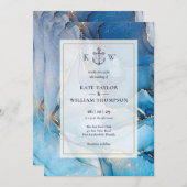 Trouwerij Blauw En Goud Agate Monogram Trouw Kaart (Voorkant / Achterkant)