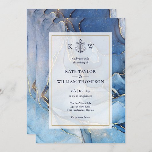 Trouwerij Blauw En Goud Agate Monogram Trouw  Kaart (Voorkant / Achterkant)