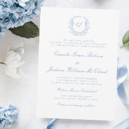 Trouwerij in vintage monogram wit en stoffig blauw kaart
