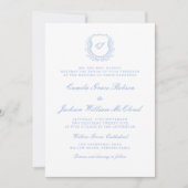 Trouwerij in vintage monogram wit en stoffig blauw kaart (Voorkant)