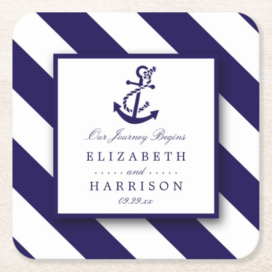 Trouwerij met scheepsstrepen en marineanker kartonnen onderzetters (Voorkant)