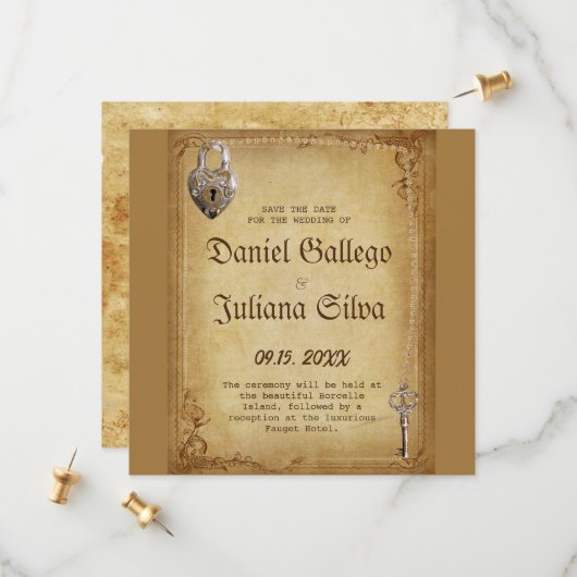 Trouwerij met vintage gotische skeletsleutel save the date (Voorkant / Achterkant in situ)