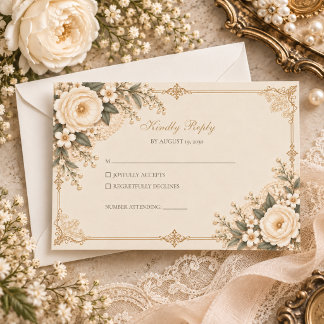 Trouwerij met vintage ivoor en bloemrijke romantie RSVP kaartje
