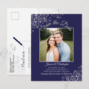 Trouwerij Zilveren Marineblauwe Save the Date Foto Aankondigingskaart