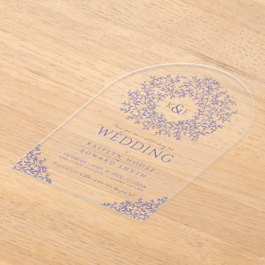 Trouwerinvitatie met blauwe getekende bladmonogram acryl uitnodigingen (Laagn)