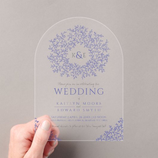 Trouwerinvitatie met blauwe getekende bladmonogram acryl uitnodigingen (Insitu (Draagbaar))