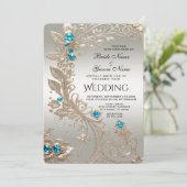 Trouwerinvitatiemet Blauwe Stenen en Goud Borduurs Kaart (Staand voorkant)