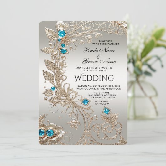 Trouwerinvitatiemet Blauwe Stenen en Goud Borduurs Kaart (Staand voorkant)