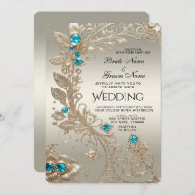 Trouwerinvitatiemet Blauwe Stenen en Goud Borduurs