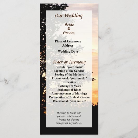 Trouwerogram met silhouet van bomen programmakaart (Voorkant)