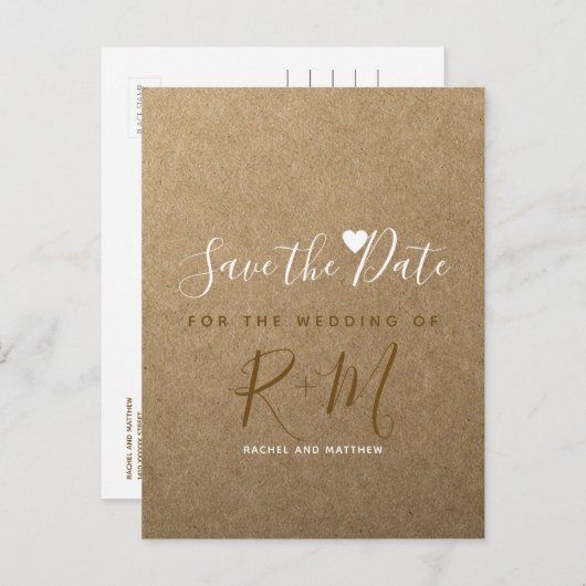 Trouwfaux kraftpapier bewaar de datum aankondigingskaart (Voorkant / Achterkant)