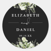 Trouwfavor met bloemgroen in zwart-wit ronde sticker (Voorkant)