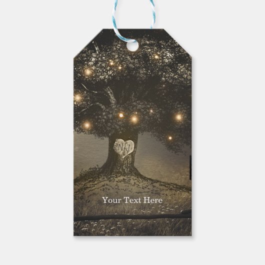 Trouwfavoriet met vintage rustieke boom en nachtla cadeaulabel (Voorkant)