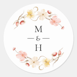 Trouwfavoriet met wilde bloemen en monogram in roz ronde sticker