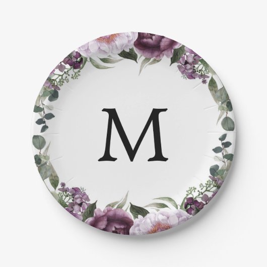 Trouwfeest bord met monogram en pruim pioenrozen (Voorkant)