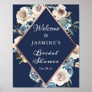 Trouwfeest bord met Navy Blauwe Roze Gouden Bloeme Poster