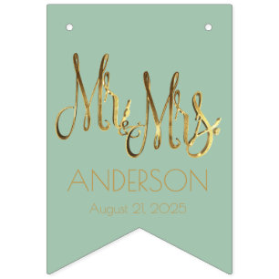 Trouwfeest Bord Mint Green en Faux Gold Foil Vlaggetjes