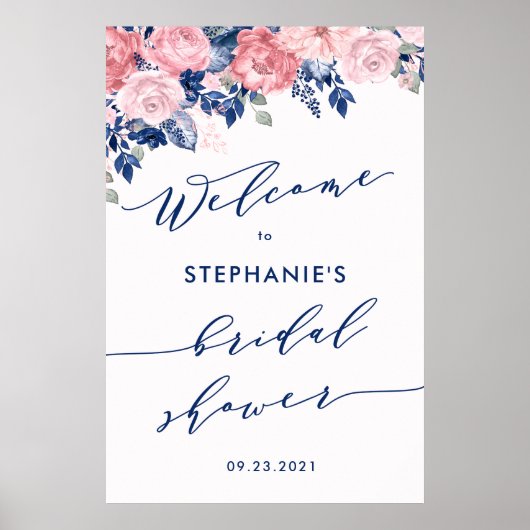 Trouwfeest bord 'Navy Blue Blush Romance Bridal Sh Poster (Voorkant)