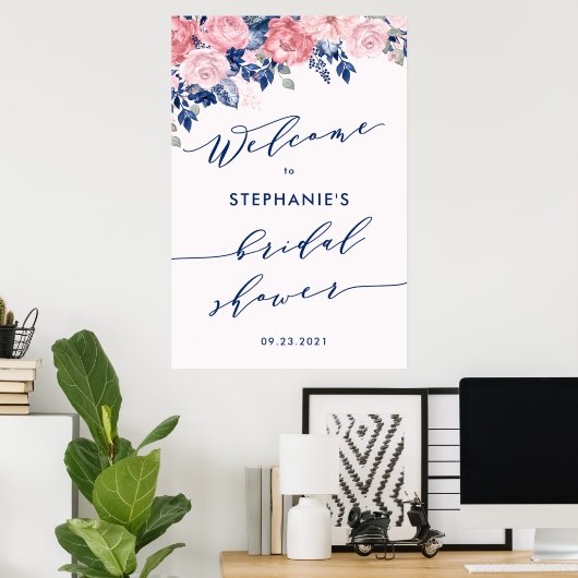 Trouwfeest bord 'Navy Blue Blush Romance' Poster (Thuiskantoor)