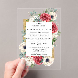 Trouwfeest Burgundy Goud Bloem Acryl Uitnodigingen