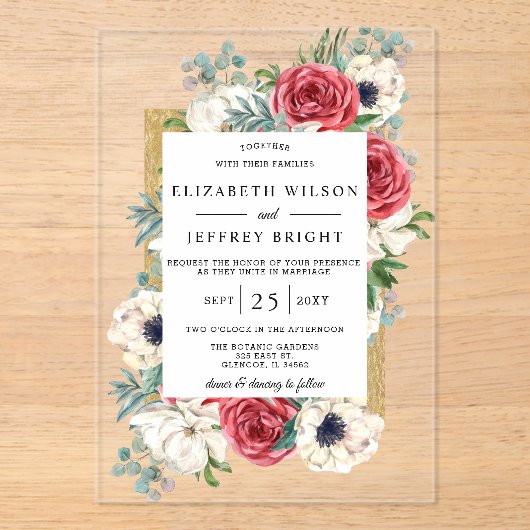 Trouwfeest Burgundy Goud Bloem Acryl Uitnodigingen (Voorkant)