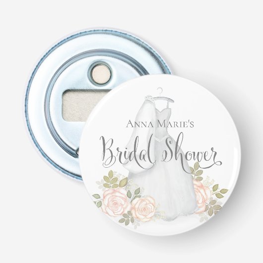 Trouwfeest cadeautje met blozende bloem en roos button flesopener (Voorkant)