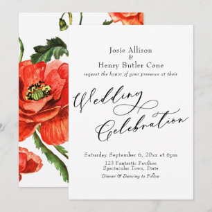 Trouwfeest Calligrafie, Rode Klaprozen Achterkant Kaart