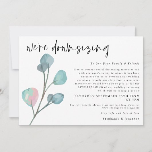 Trouwfeest Downsizing Script Moderne Eucalyptus Aankondiging (Voorkant)
