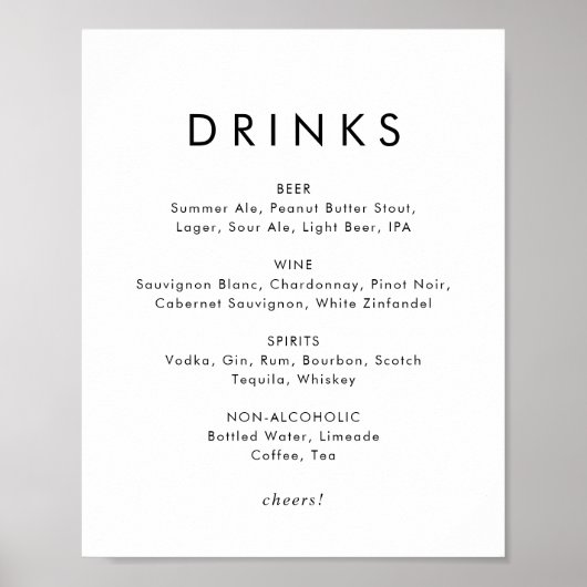 Trouwfeest drankjes menu bord met stijlvolle typog poster (Voorkant)