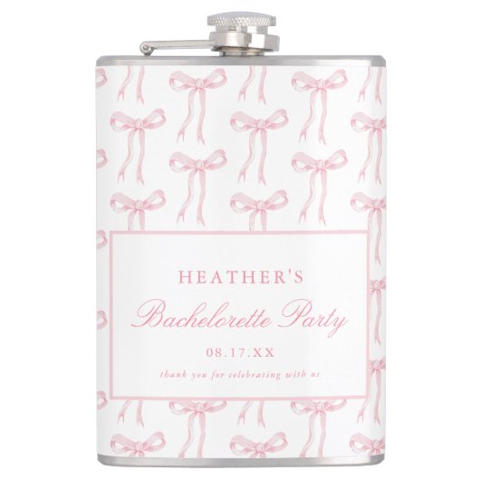 Trouwfeest favorieten met roze lint heupfles (Voorkant)