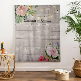 Trouwfeest Foto Achtergrond Bloemen Hout Lichtjes Wandkleed