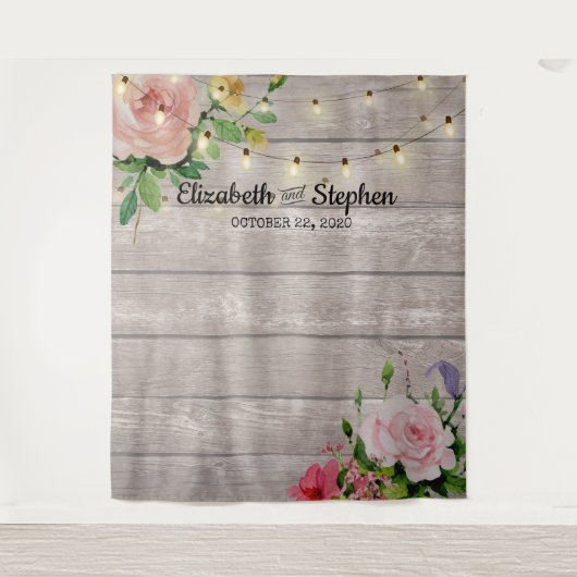 Trouwfeest Foto Achtergrond Bloemen Hout Lichtjes Wandkleed (Voorkant)