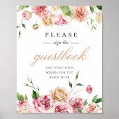 Trouwfeest gastenboek bord met bloemen en blos poster (Voorkant)