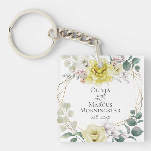 Trouwfeest Gift Zonnig Geel Waterverf pioen Sleutelhanger (voorkant)